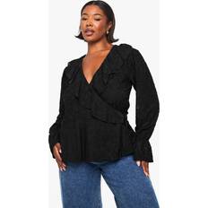 Women Blouses boohoo Plus Jacquard Floral Wrap Ruffle Blouse - Black