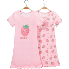 Shein 2pcs Young Girl Strawberry Print Pajama Set, Comfortable Casual Short Sleeve Nightgown, Simple Design For Easy Matching, Stretchy And Breathable Knit Fabric, Machine Washable