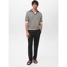 Men - V-Neck Polo Shirts Mango 100% Cotton Polo Shirt Striped Structure - Black