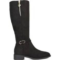 Knee High Boots Low Heel Zip Up Calf Riding Biker - Jet Black