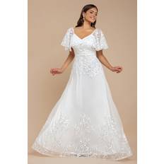 A-Line Dresses - White Goddiva Lace Flutter Sleeve Embroidered Mesh A Line Maxi Dress - White