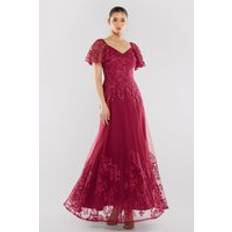 A-Line Dresses - Red Goddiva Lace Flutter Sleeve Embroidered Mesh A Line Maxi Dress - Burgundy