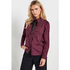 Lace Shirts PixieGirl Petite Tie Neck Shirt Lace Trim - Burgundy