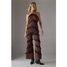 Brown - Women Jumpsuits & Overalls Warehouse Premium Fringe Halter Jumpsuit - Chocolate