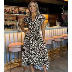 AX Paris Multi Leopard Print Short Sleeve Belted Midi Dress - Brown