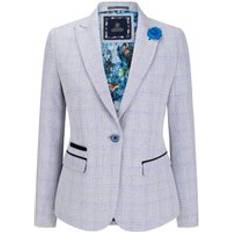 Checkered - Women Blazers Infinity Leather Check Blazer Wool Blend Herringbone Tweed - Blue