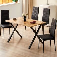 Kosy Koala Brown Wooden Table With 4 Black Leather Chairs Dining Set