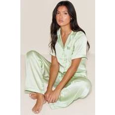 Green Pyjamas PrettyLittleThing Satin Short Sleeve Long Pj Set - Pistachio