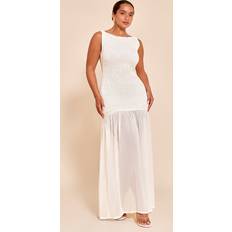 PrettyLittleThing Shape Cream Shirred Scoop Back Contrast Dropped Hem Maxi Dress - White