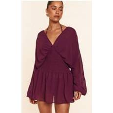 PrettyLittleThing Chiffon Shirred Waist Mini Beach Dress - Purple