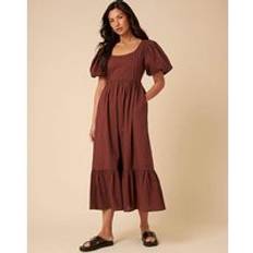 Mimi Midi Short Puff Sleeve Cotton Dress - Brown