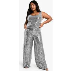 Sequins Trousers boohoo Womens Plus Sequin Wide Leg Trouser - Grey