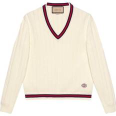 Gucci Men Jumpers Gucci SS21 Knit V Neck Webbing Wool Sweater - Beige