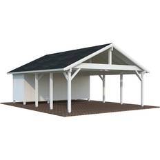 Dobbelt Carport Med Skur Grundmalet Hvid 40.6 M²