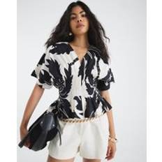 Black Blouses River Island Womens Black Short Sleeve Printed Shirred Top