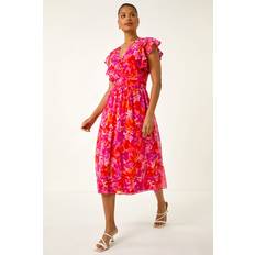 Midi Dresses - Short Sleeves Roman Floral Bias Midi Dress - Orange