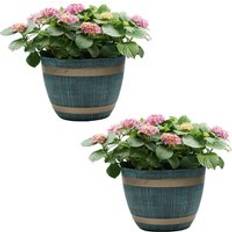 Gr8 Garden Set Of 2 Blue Rustic Style Plastic Half Barrel Cask Plants 38 x 38 x 28 cm