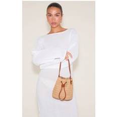 Strandväskor PrettyLittleThing Natural Raffia Mini Drawstring Bucket Beach Bag