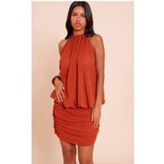 PrettyLittleThing Petite Burnt Orange Ruched Sheer Mini Dress