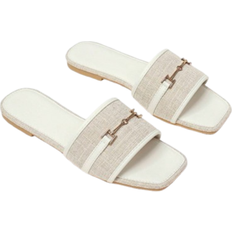 Shein Women's Outdoor Flat Slippers, New Arrival, White Linen Sandals With Metal Buckle Chains, Casual Thick Bottomed Square Toe Sandals With Strap Strap, Color-Block Slides