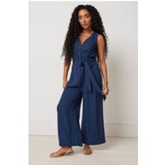 M&Co Petite Navy Blue Tie Waist Linen Jumpsuit