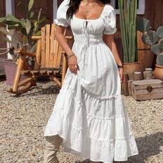 Shein Damen Saum Puffärmel Urlaubskleid - Weiß