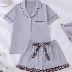 Shein Women Solid Color Leopard Print Contrast Color Pajama Set - Cardigan