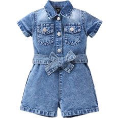 Shein Baby Girl Basic Casual Middle Blue Wash Water Belted Denim Romper