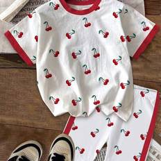 Red Other Sets Shein Young Girls Casual Cherry Print Patchwork Shorts Set - Easy Comfort