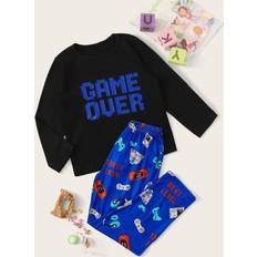 Night Garments Shein Tween Boy Letter Game Machine Print PJ Set
