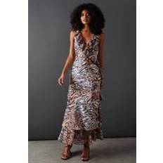 Wrap Dresses Warehouse Animal Satin Wrap Chiffon Frill Detail Midi Dress - Multi
