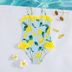 Polyester Bathing Suits Shein Young Girl Vacation Beach One-Piece Swimsuit - Lemon Print Ruffle Hem