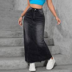 Shein Skirts Shein Casual Washed Fringed Long Denim Skirt