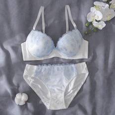 Blue Lingerie Sets Shein Daily Wear Underwired Floral Embroidery Bow Set - Blue White