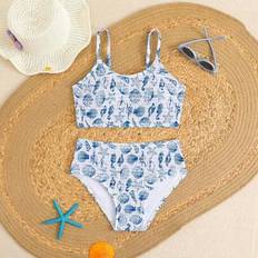 Shein Tween Girl Ocean Animal Printed Pleated Bikini Swimwear Set