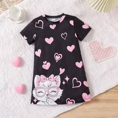 Polyester Nightgowns Children's Clothing Shein Day Girls Cute Lovely Heart Cat Print Neck Short Sleeve - Long Nightgown