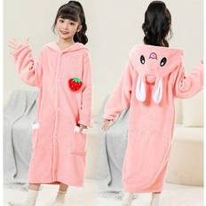 Long Sleeves Dressing Gowns Shein Pink Cute Rabbit Strawberry Print Hooded Bathrobe