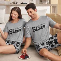 Men - Polyester Pyjamas Shein Casual Comfortable Plaid Letter Print Couple Neck Short Sleeve - Multicolor