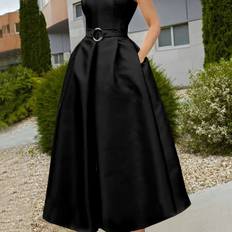 Temu Elegant A-line Black V-Neck Dress With V-Neck - All