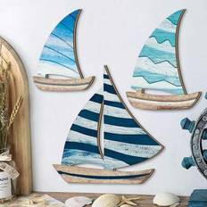 Wood Wall Decor Shein 3 Pcs Wooden Blue Sailboat Art Sign Wall Decor