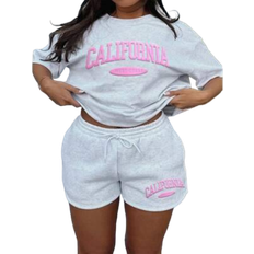 Shein 2 Pieces/Set Women's Plus Size Casual Round Neck T-Shirt and Shorts with Drawstring Pocket Co-Ord Set
