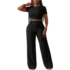 Shein Slaydiva New Casual Basic Sports Style Spring And Summer Round Neck Short-Sleeved Truncated T-Shirt + Wide-Leg Super Long Pants Rose Red Striped Texture Knitted Fabric Women's Two Pieces Set-I