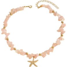 Copper Necklaces Shein 1pc Fashionable Beaded Metallic Starfish Pendant Necklace, Pink Gemstone Design, Suitable For Daily & Travel Wear