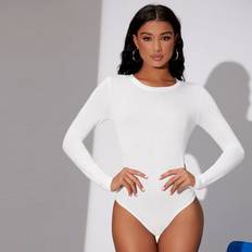 White Bodysuits Shein Solid Long Sleeve Tee Bodysuit