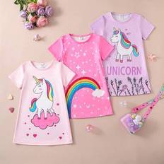 Multicoloured Night Garments Children's Clothing Shein Girls Cute Floral Rainbow Unicorn Sleeveless Long Nightgown Set - Colorful