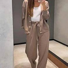 Shein Two-Piece Sports Casual Knit Cardigan Button Jacket Drawstring Pants