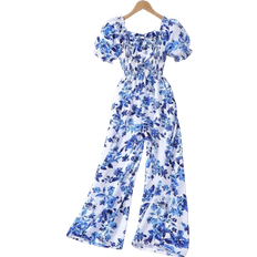 Girls Jumpsuits Children's Clothing Shein Tween Girls Allover Print Surplice Neckline Puff Sleeve Jumpsuit - Summer Resort