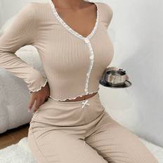 Stretch Sleepwear Shein Contrast Lace Lettuce Trim Bow Front PJ Set