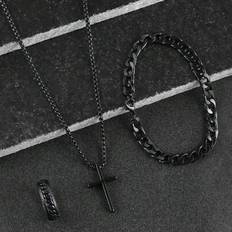 Metal - Unisex Jewellery Sets Shein Black Alloy Jewelry Set Minimalistic Cross Pendant Necklace - Black