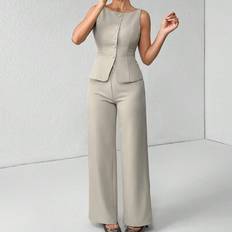 Shein Solid Color Round Neck Single-Breasted Vest And Pants - W